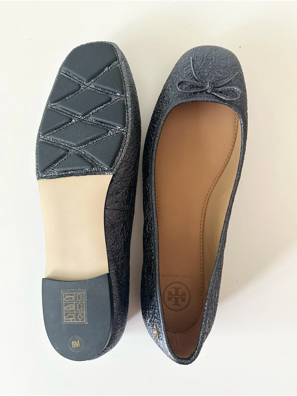 Tory Burch Metallic Navy / Pewter Leather Ballet Flats Bow Accent - Size 8M